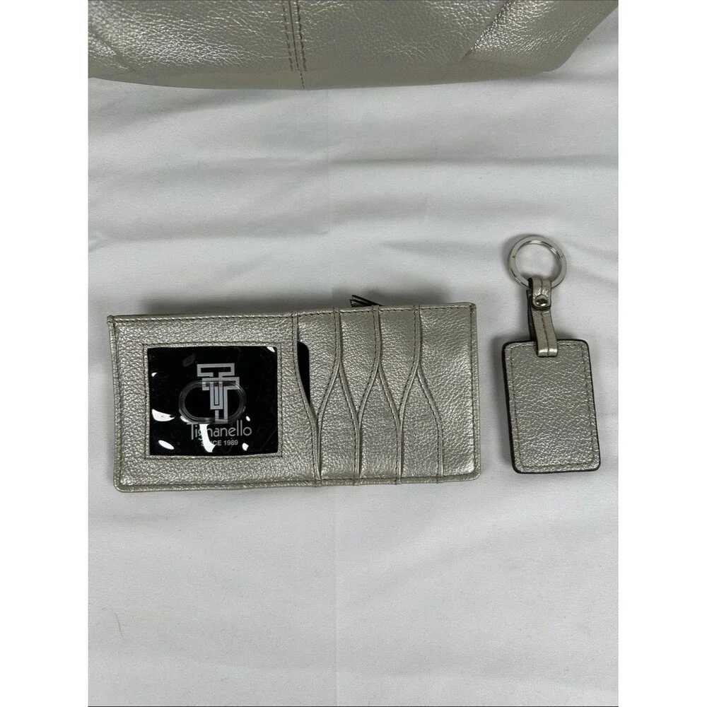 Tignanello Leather Metallic Silver Hobo Bag with Matching Wallet And Keyring